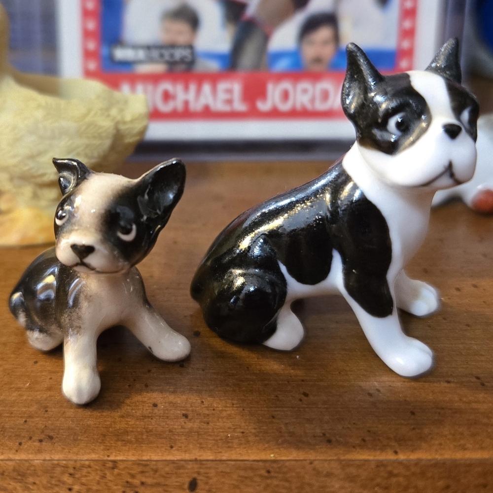 Vintage Hagen Renaker Porcelain Boston Terrier Dog Figurines Pair Adult Puppy